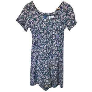 Vintage 90's Floral Rayon Romper Blue Pink Cottagecore Summer Mini size Large